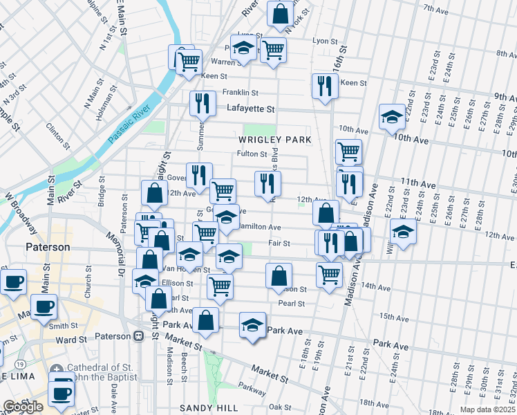 map of restaurants, bars, coffee shops, grocery stores, and more near 129 12th Avenue in Paterson
