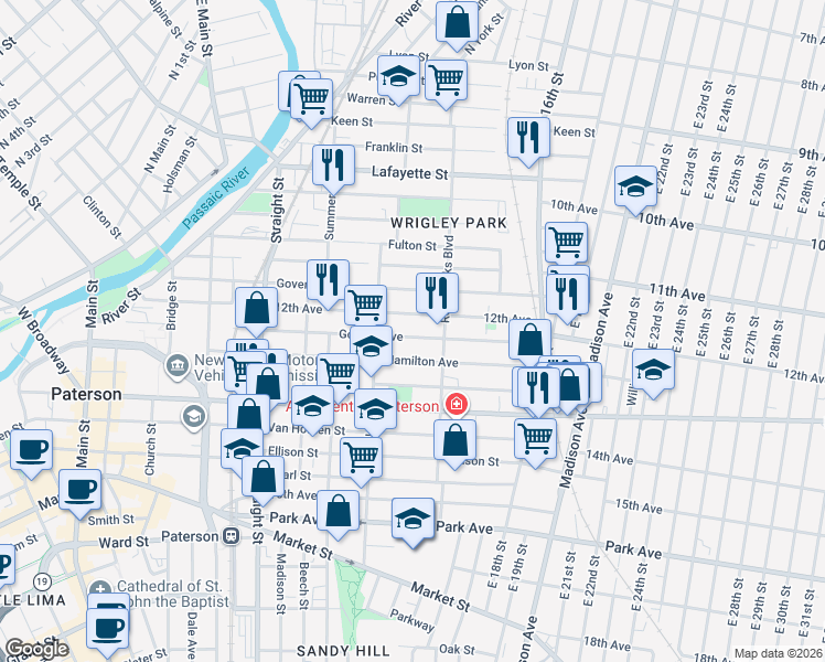 map of restaurants, bars, coffee shops, grocery stores, and more near 129 12th Avenue in Paterson