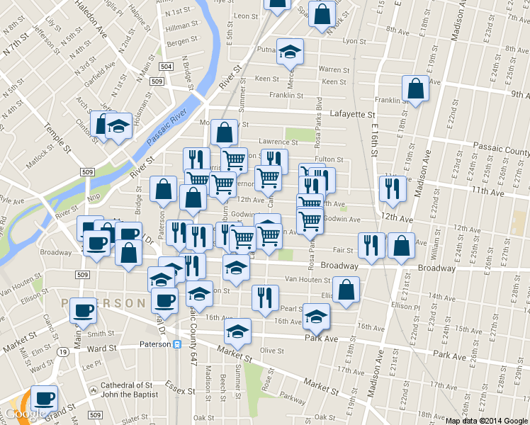 map of restaurants, bars, coffee shops, grocery stores, and more near 99 12th Avenue in Paterson
