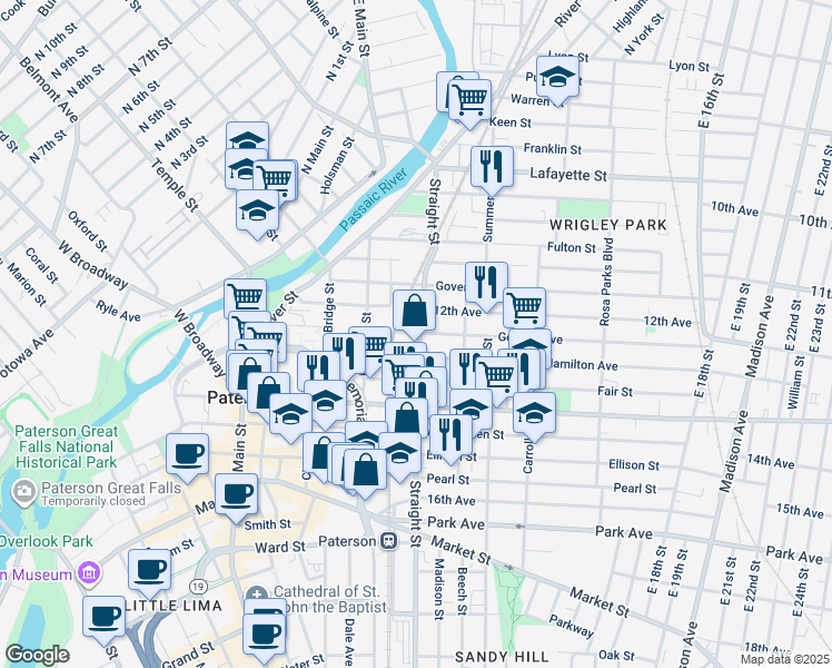 map of restaurants, bars, coffee shops, grocery stores, and more near 107 Straight Street in Paterson