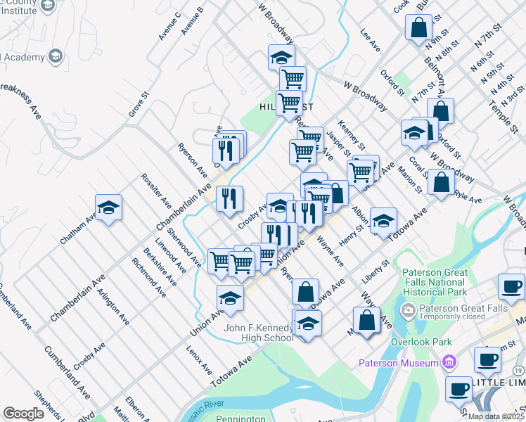 map of restaurants, bars, coffee shops, grocery stores, and more near 152 Manchester Avenue in Paterson