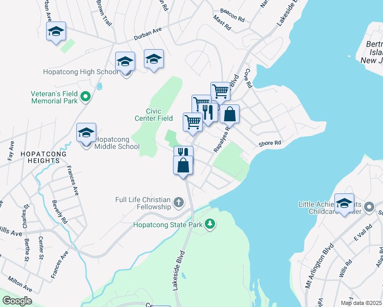 map of restaurants, bars, coffee shops, grocery stores, and more near 35 County Road 607 in Hopatcong