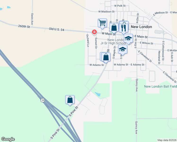 map of restaurants, bars, coffee shops, grocery stores, and more near 500-598 West Adams Street in New London