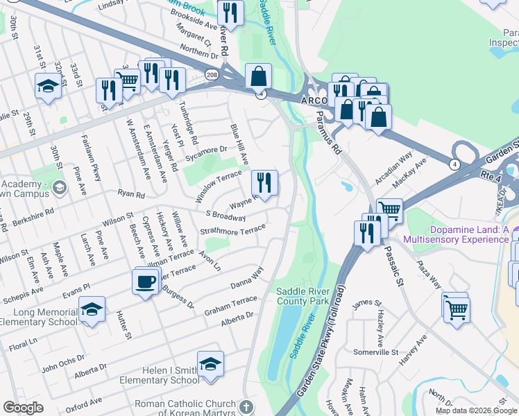 map of restaurants, bars, coffee shops, grocery stores, and more near 18 Overlook Place in Fair Lawn