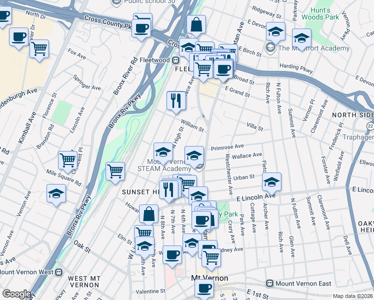 map of restaurants, bars, coffee shops, grocery stores, and more near 27 Linden Avenue in Mount Vernon