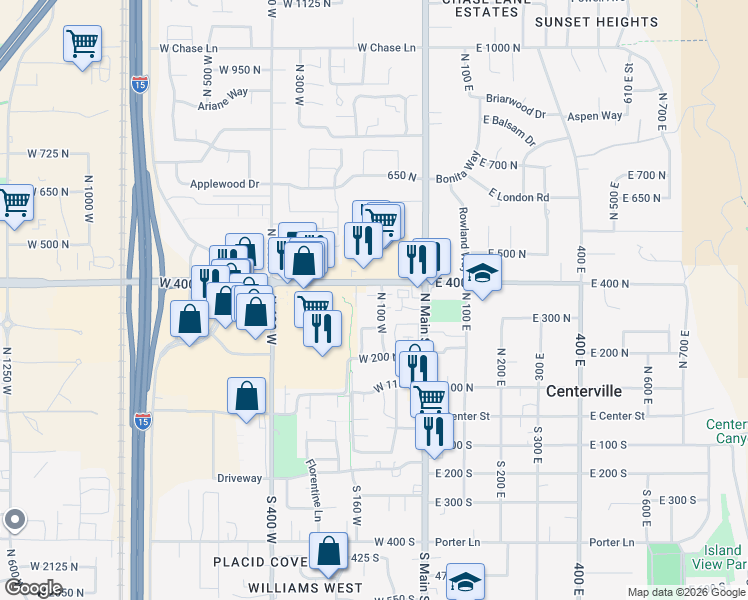 map of restaurants, bars, coffee shops, grocery stores, and more near 55 West 400 North in Centerville