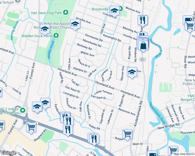 map of restaurants, bars, coffee shops, grocery stores, and more near 6 Fenway Court in River Edge