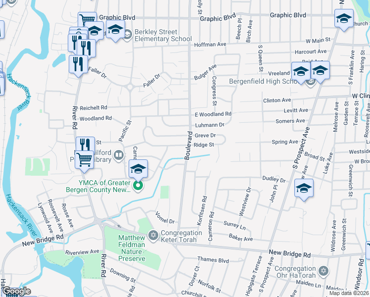 map of restaurants, bars, coffee shops, grocery stores, and more near 1006 The Boulevard in New Milford