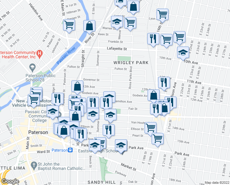 map of restaurants, bars, coffee shops, grocery stores, and more near 109 Godwin Avenue in Paterson