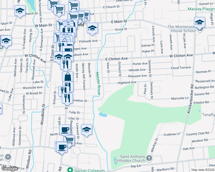 map of restaurants, bars, coffee shops, grocery stores, and more near 71 View Street in Bergenfield