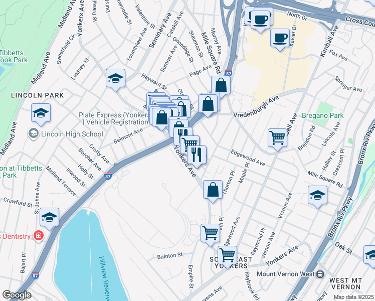 map of restaurants, bars, coffee shops, grocery stores, and more near 32 Huber Place in Yonkers