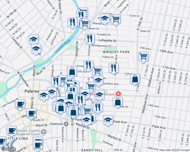 map of restaurants, bars, coffee shops, grocery stores, and more near 56 12th Avenue in Paterson