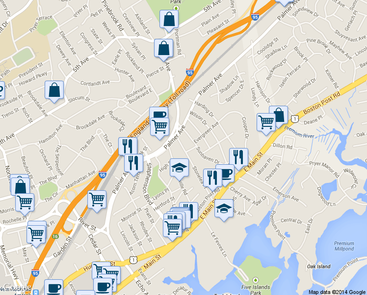 map of restaurants, bars, coffee shops, grocery stores, and more near 115 Stonelea Place in New Rochelle