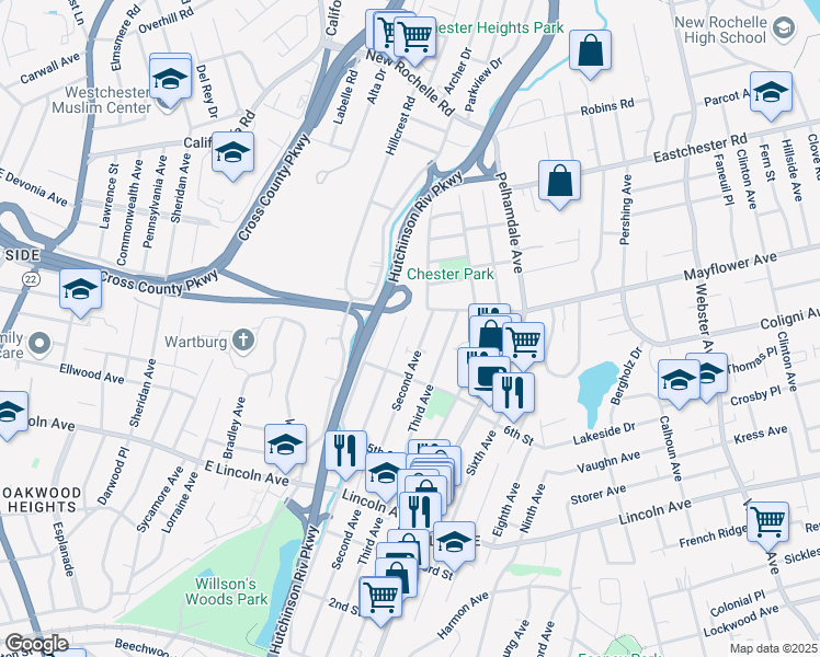 map of restaurants, bars, coffee shops, grocery stores, and more near 539 First Avenue in Village of Pelham