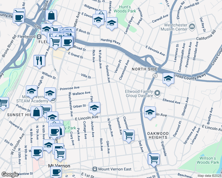 map of restaurants, bars, coffee shops, grocery stores, and more near 296 Summit Avenue in Mount Vernon