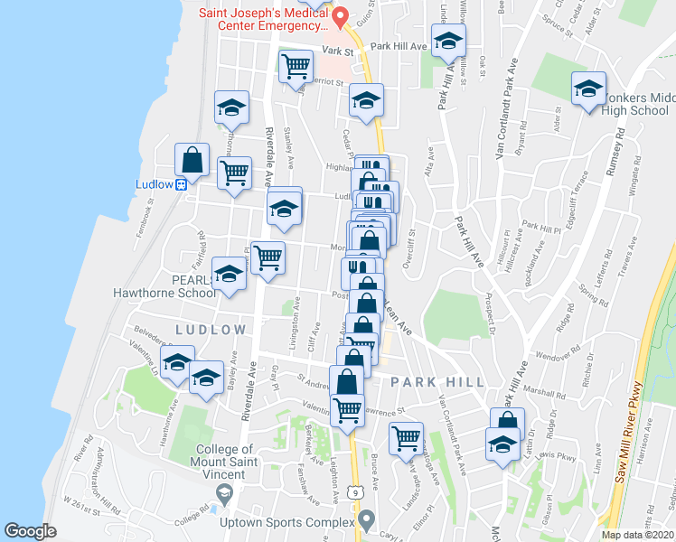 map of restaurants, bars, coffee shops, grocery stores, and more near 34 Morris Street in Yonkers