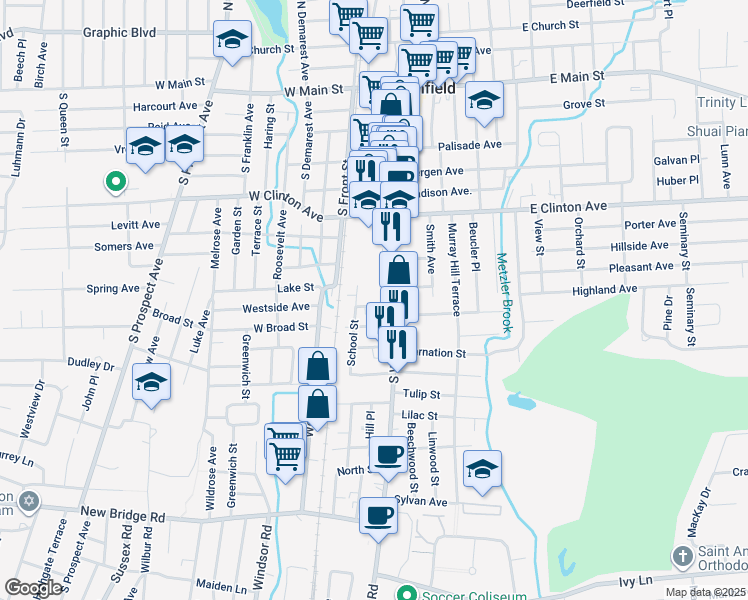 map of restaurants, bars, coffee shops, grocery stores, and more near 71 School Street in Bergenfield