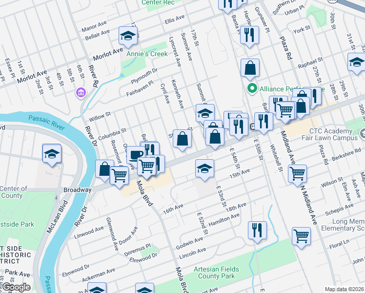 map of restaurants, bars, coffee shops, grocery stores, and more near 1-30 Kenneth Avenue in Fair Lawn