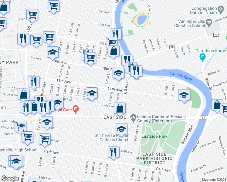 map of restaurants, bars, coffee shops, grocery stores, and more near 551 11th Avenue in Paterson