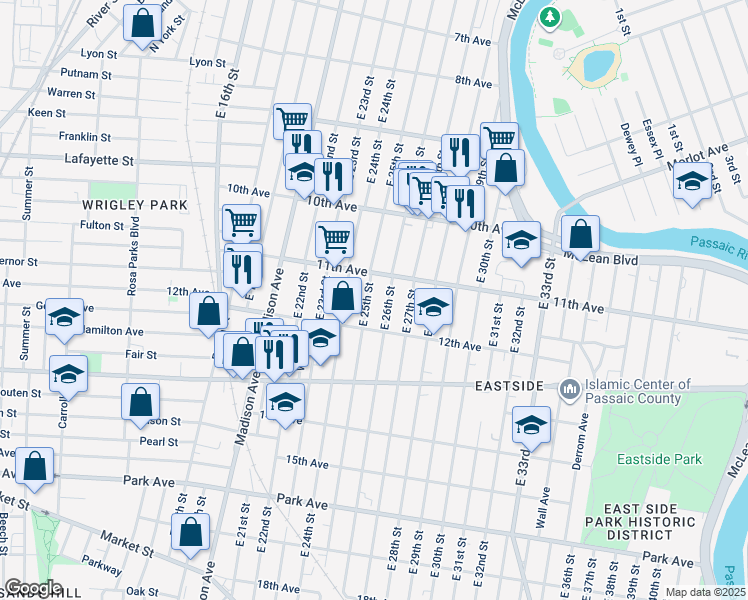 map of restaurants, bars, coffee shops, grocery stores, and more near 498 East 26th Street in Paterson