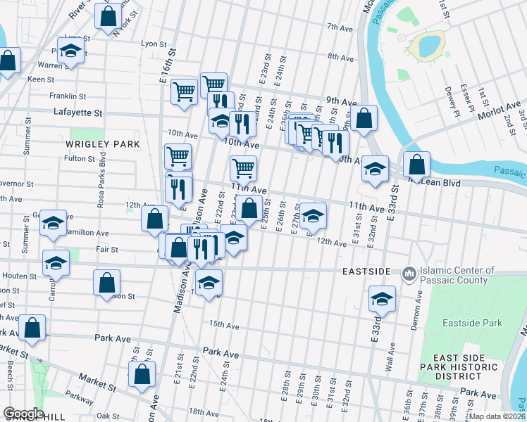 map of restaurants, bars, coffee shops, grocery stores, and more near 545 East 24th Street in Paterson