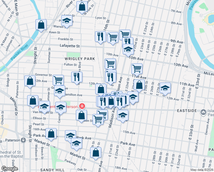 map of restaurants, bars, coffee shops, grocery stores, and more near 460 East 16th Street in Paterson