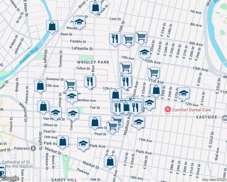 map of restaurants, bars, coffee shops, grocery stores, and more near 460 East 16th Street in Paterson