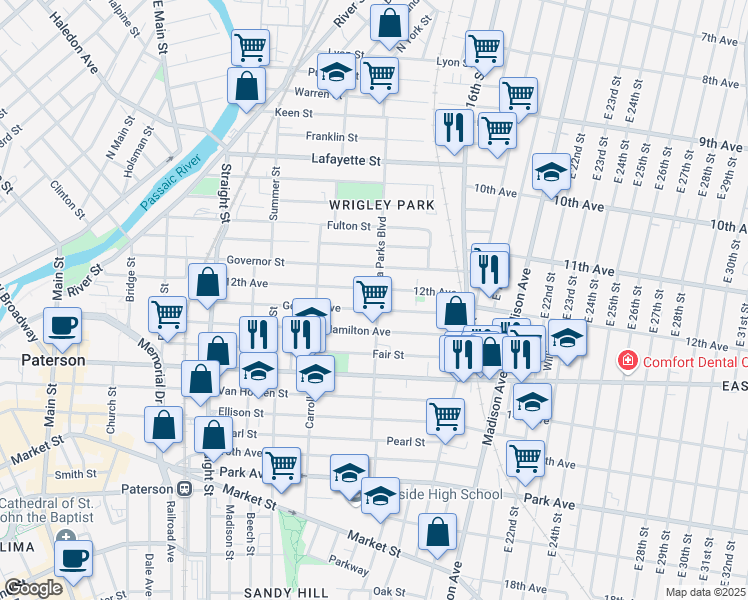 map of restaurants, bars, coffee shops, grocery stores, and more near 157 12th Avenue in Paterson