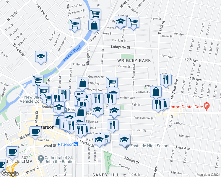 map of restaurants, bars, coffee shops, grocery stores, and more near 56 12th Avenue in Paterson