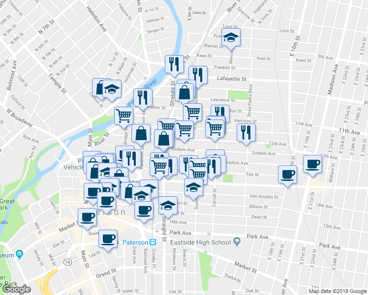 map of restaurants, bars, coffee shops, grocery stores, and more near 24 12th Avenue in Paterson