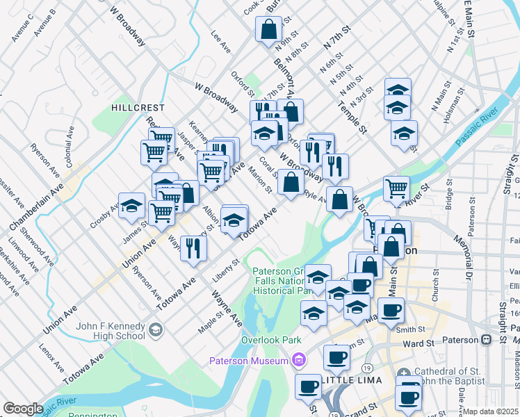 map of restaurants, bars, coffee shops, grocery stores, and more near 100 Kearney Street in Paterson