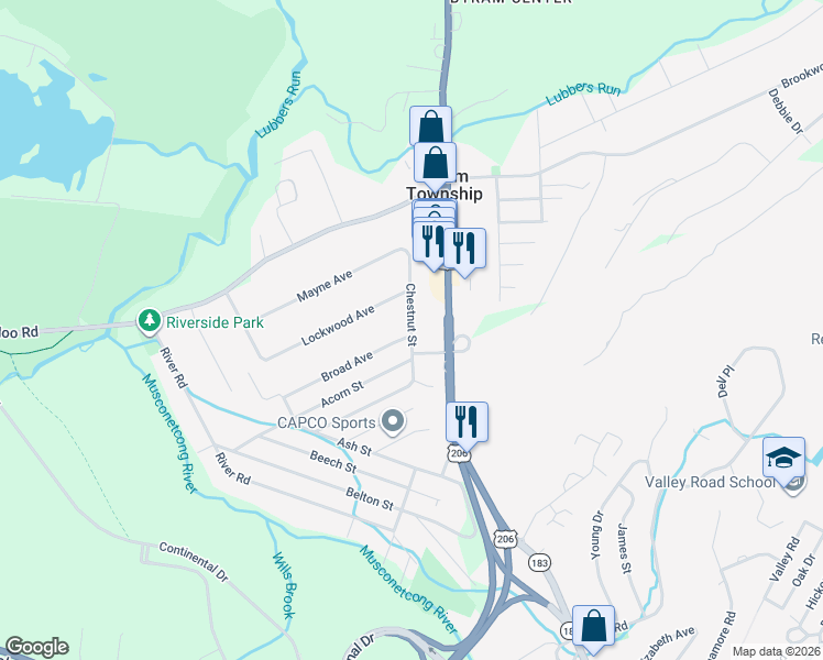 map of restaurants, bars, coffee shops, grocery stores, and more near 13 Chestnut Street in Stanhope