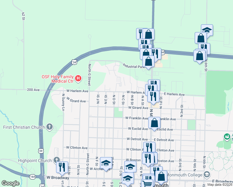map of restaurants, bars, coffee shops, grocery stores, and more near 400-450 W Harlem Ave in Monmouth