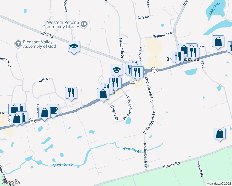 map of restaurants, bars, coffee shops, grocery stores, and more near 1656 U.S. 209 in Brodheadsville