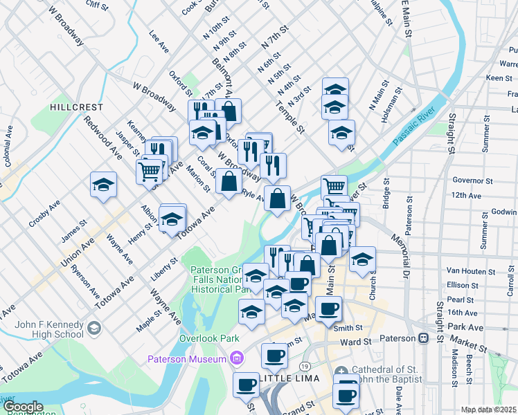 map of restaurants, bars, coffee shops, grocery stores, and more near 30 Ryle Avenue in Paterson