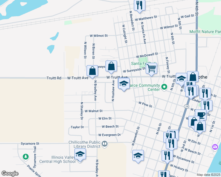 map of restaurants, bars, coffee shops, grocery stores, and more near 1110 West Fletcher Lane in Chillicothe