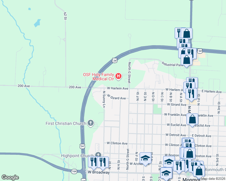 map of restaurants, bars, coffee shops, grocery stores, and more near 903 West Harlem Avenue in Monmouth