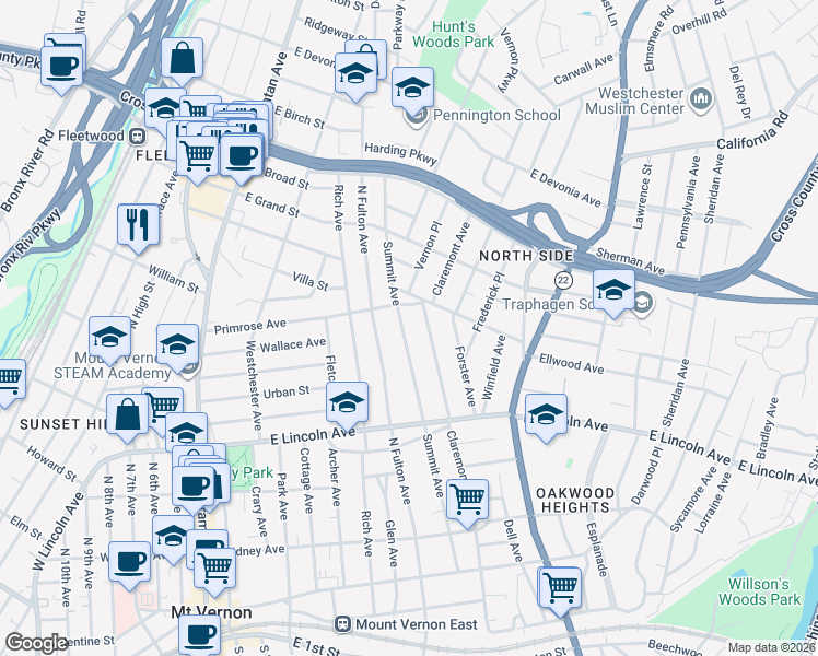 map of restaurants, bars, coffee shops, grocery stores, and more near 296 Summit Avenue in Mount Vernon