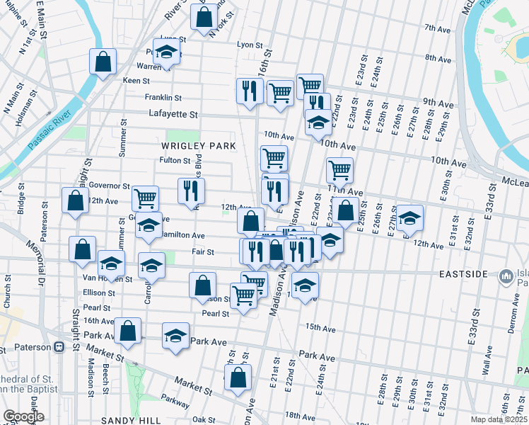 map of restaurants, bars, coffee shops, grocery stores, and more near 460 East 16th Street in Paterson