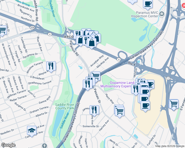 map of restaurants, bars, coffee shops, grocery stores, and more near 42 Mackay Avenue in Paramus