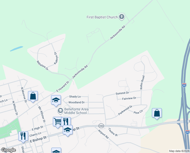 map of restaurants, bars, coffee shops, grocery stores, and more near 294 Jacksonville Road in Bellefonte
