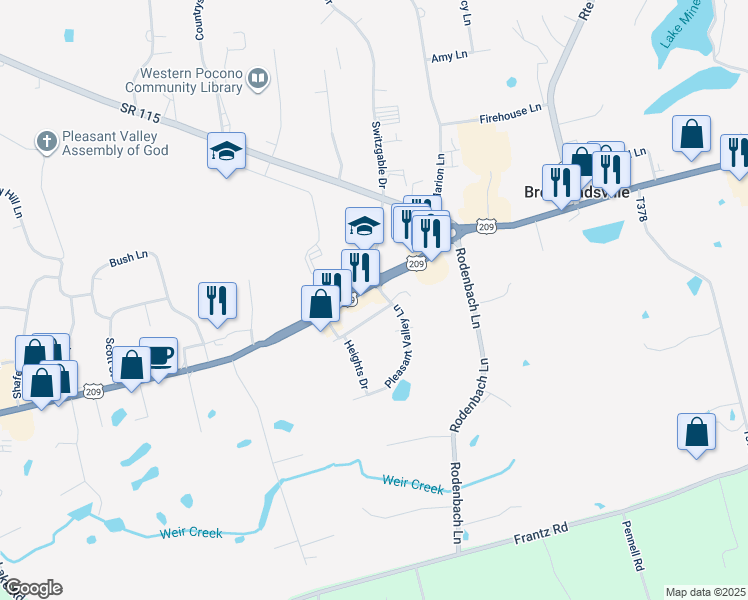 map of restaurants, bars, coffee shops, grocery stores, and more near 1656 U.S. 209 in Brodheadsville