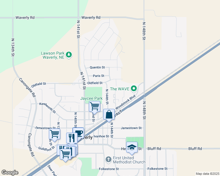 map of restaurants, bars, coffee shops, grocery stores, and more near 11281 North 144th Street in Waverly