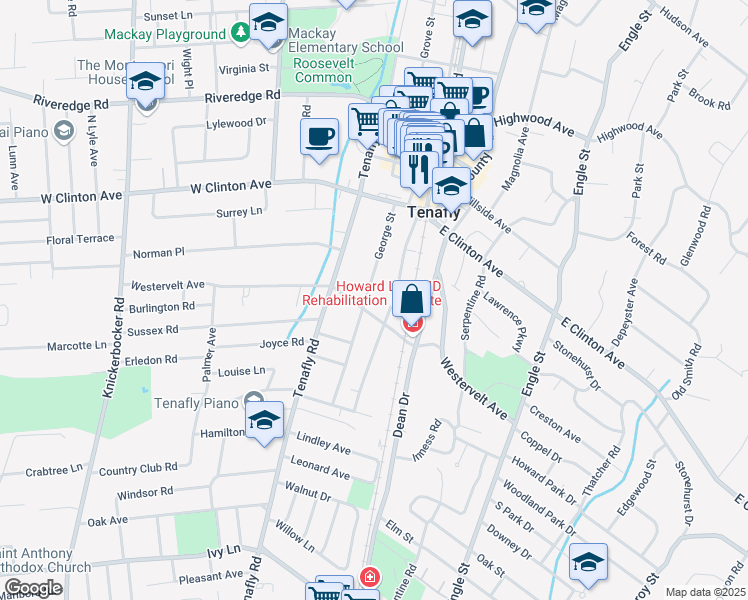 map of restaurants, bars, coffee shops, grocery stores, and more near 39 George Street in Tenafly