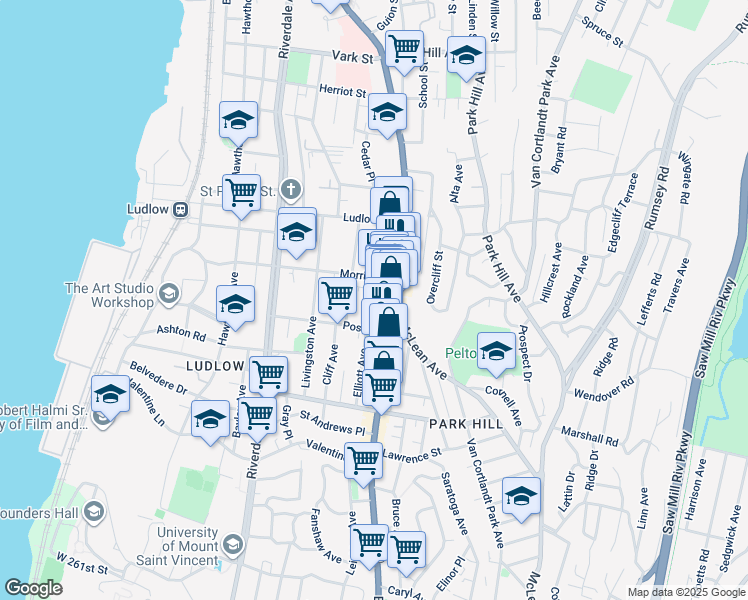 map of restaurants, bars, coffee shops, grocery stores, and more near 66 Elliott Avenue in Yonkers