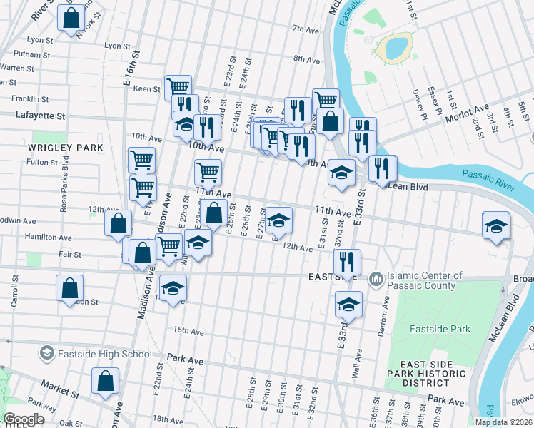 map of restaurants, bars, coffee shops, grocery stores, and more near 494 11th Avenue in Paterson