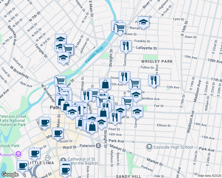 map of restaurants, bars, coffee shops, grocery stores, and more near 13 Godwin Avenue in Paterson