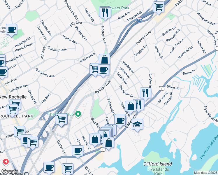 map of restaurants, bars, coffee shops, grocery stores, and more near 115 Stonelea Place in New Rochelle