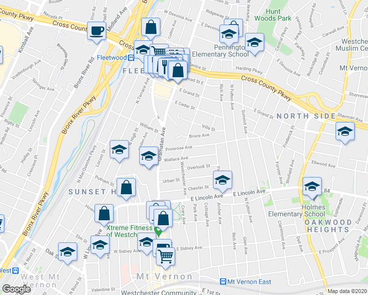 map of restaurants, bars, coffee shops, grocery stores, and more near Westchester Ave & Primrose Ave in Fleetwood