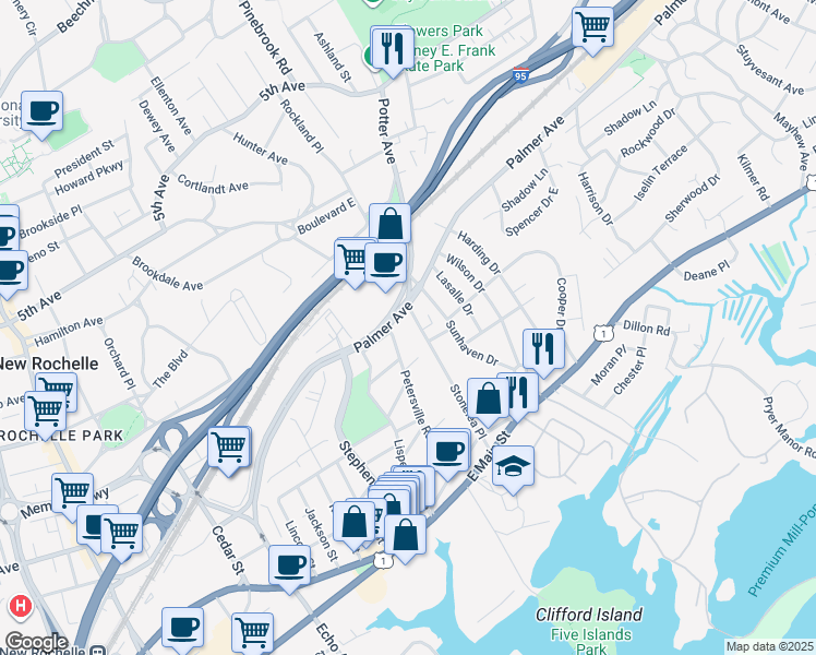 map of restaurants, bars, coffee shops, grocery stores, and more near 115 Stonelea Place in New Rochelle
